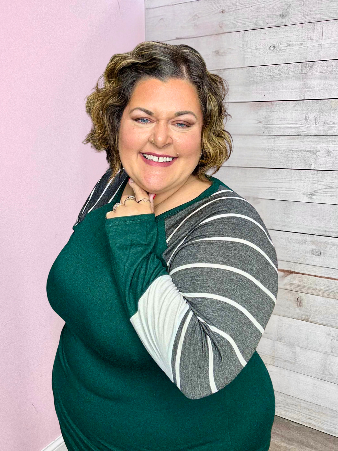 "On The Level" Green Grey Striped Top