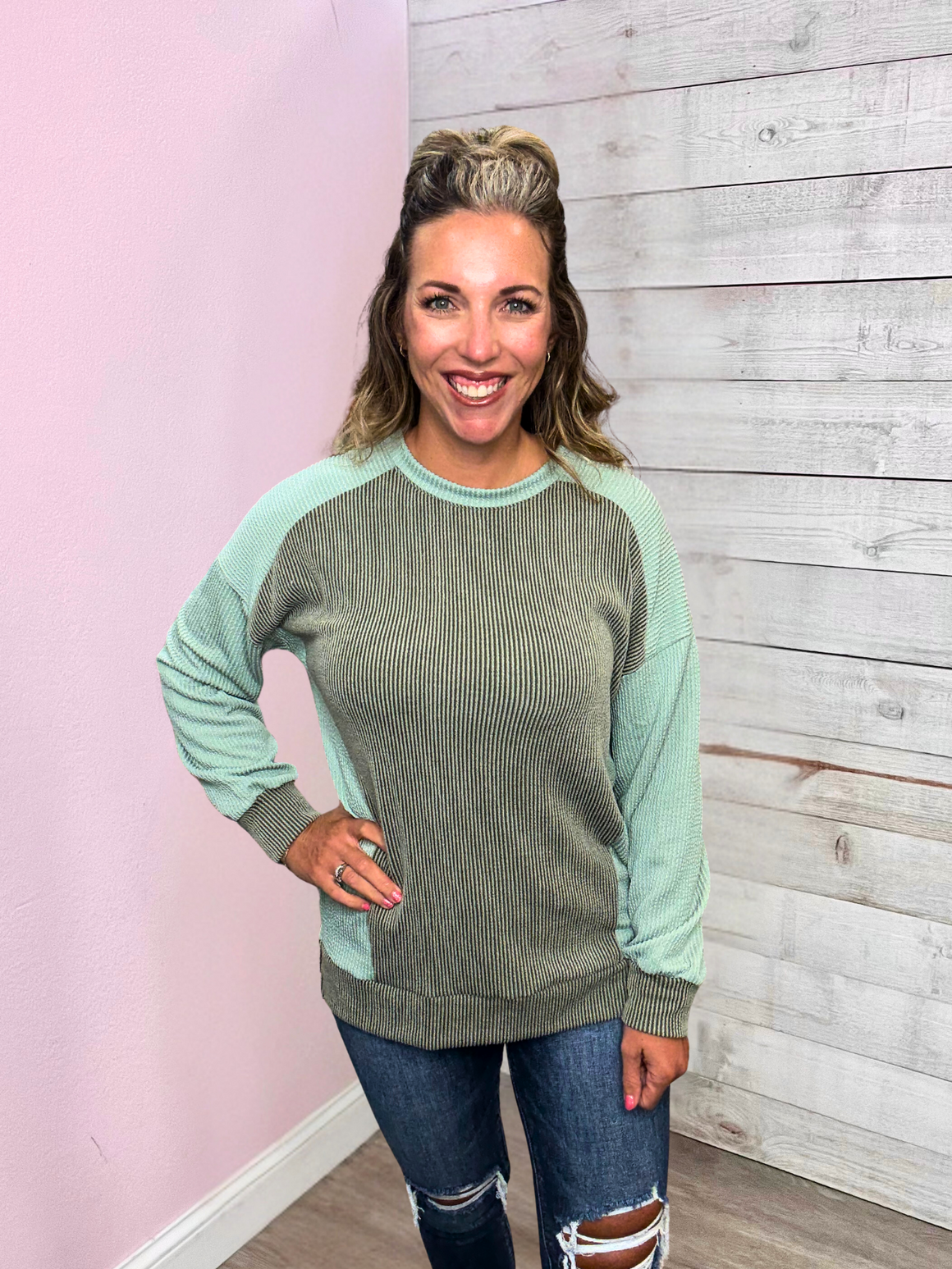 "Falling Fast" Sage Ribbed Top