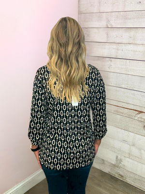 "Ink & Ivory" Black/Ivory Geometric Luxe Lizzy Top