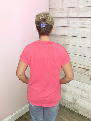 "Casual Outing" Ribbed Short Sleeve Top- Coral