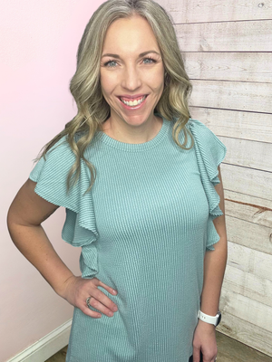 "Feeling The Vibes" Sage Ribbed Flutter Sleeve Top