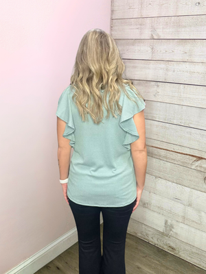 "Feeling The Vibes" Sage Ribbed Flutter Sleeve Top