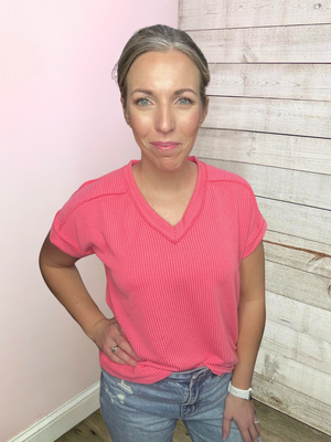 "Casual Outing" Ribbed Short Sleeve Top- Coral