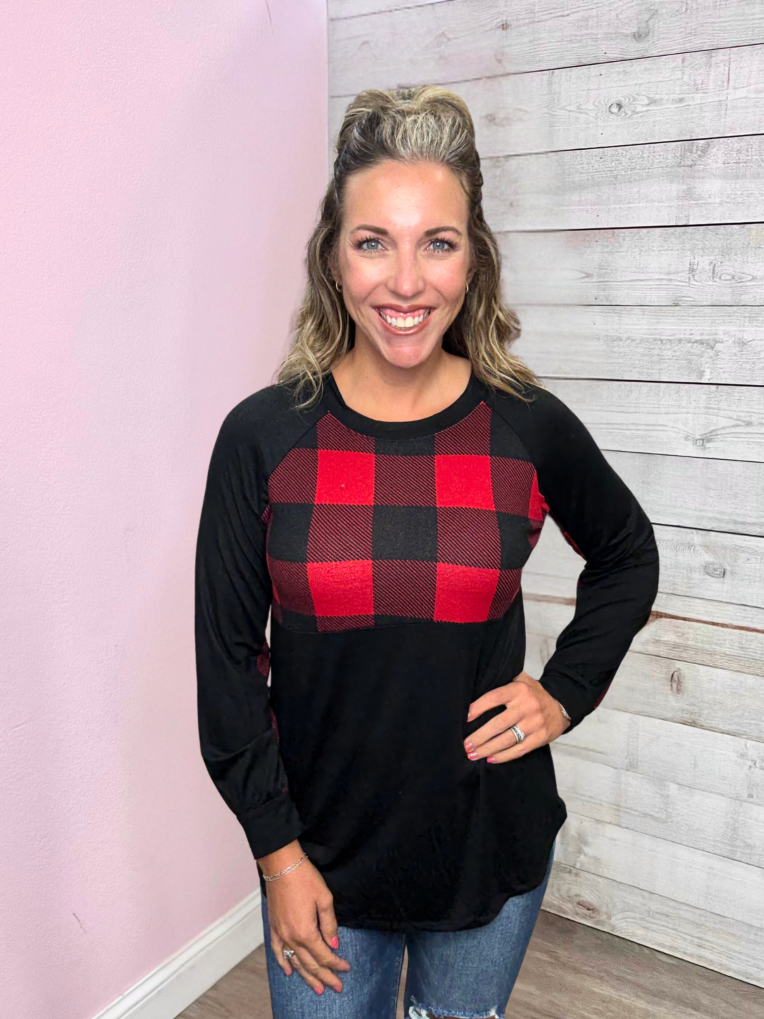 "Chill Mode" Plaid Top- Red