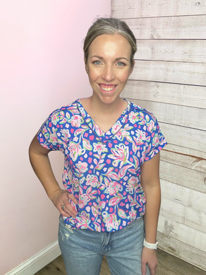 "Here and There" Blue/Pink Floral Top