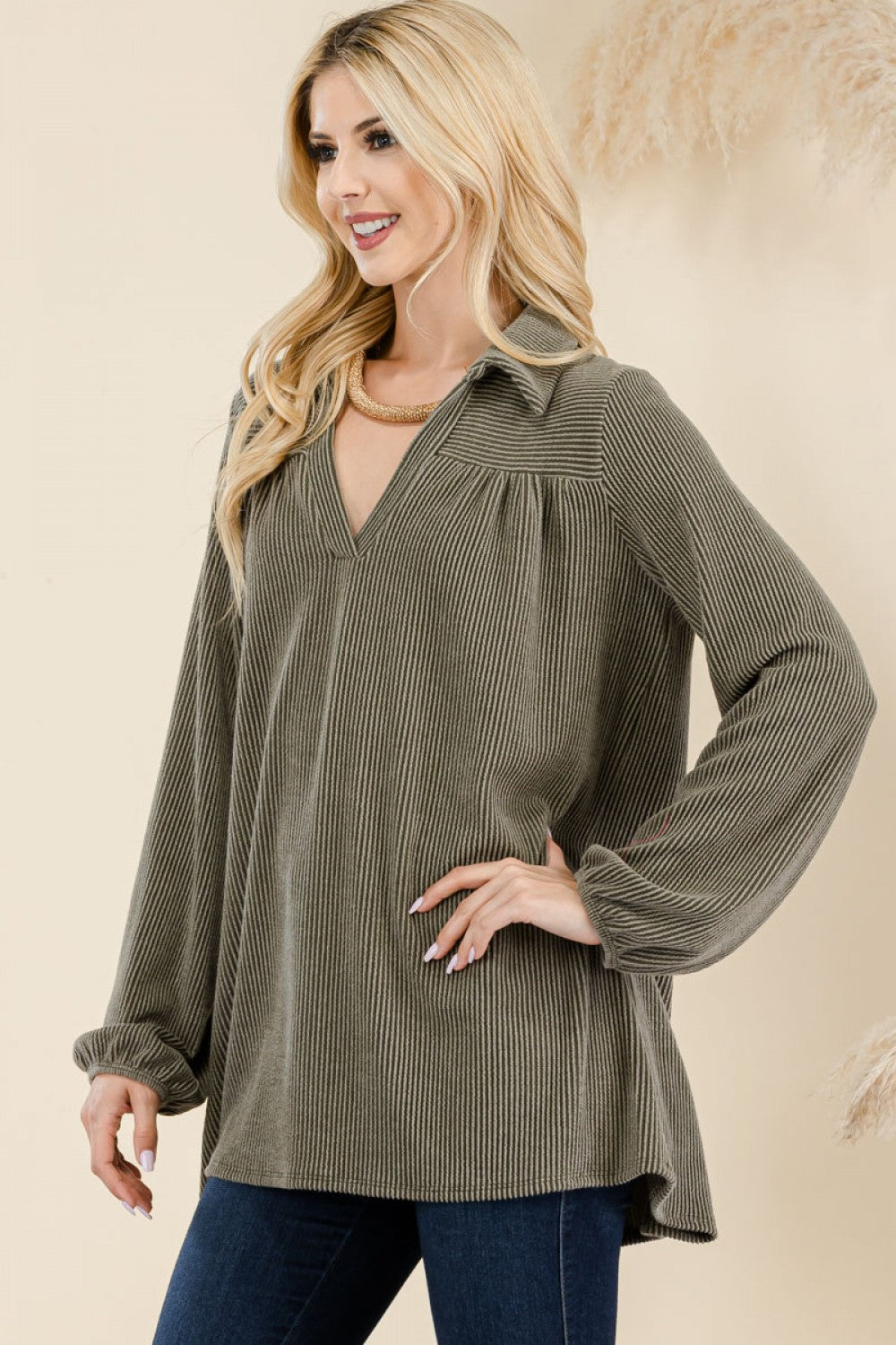"Casual Moment" Ribbed V Neck Top
