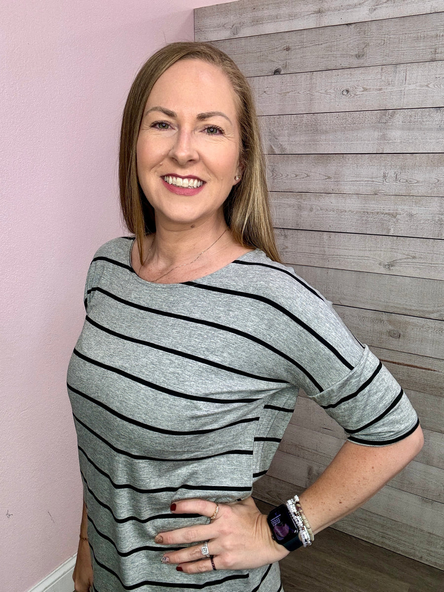 "Patio Party" Charcoal/Grey Striped Top
