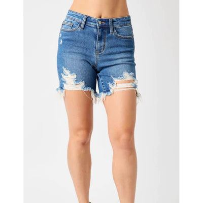 Judy Blue Mid-Rise Fray Hem Shorts- 15280